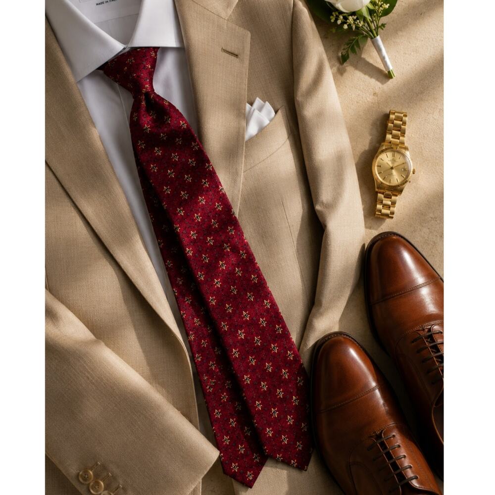 Bill Blass vintage 100% silk fleur de lis luxe print designer tie red gold 4" w